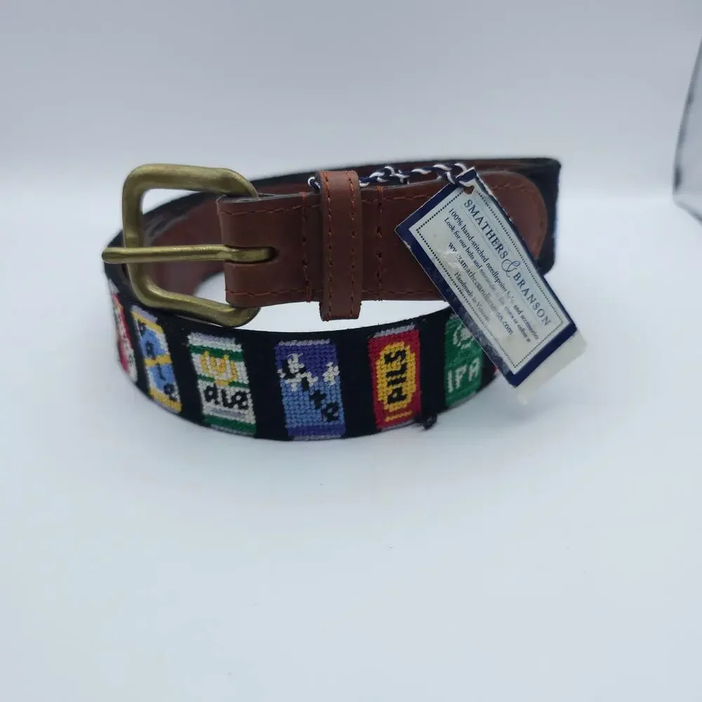 NEW Smathers & Branson Beer Cans Hand Stitched Needlepoint Belt Men Size 34